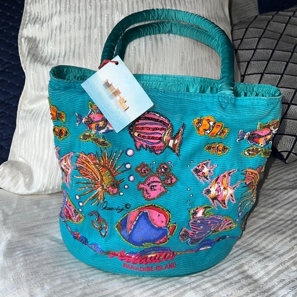 Atlantis Paradise Island Beach Tote Bag Beads Sequins and Satiny Aqua and Fish - Picture 3 of 17